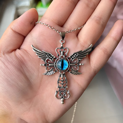 Creative devil wings and cross design alloy pendant necklace on a chain, shown in multiple colour options.