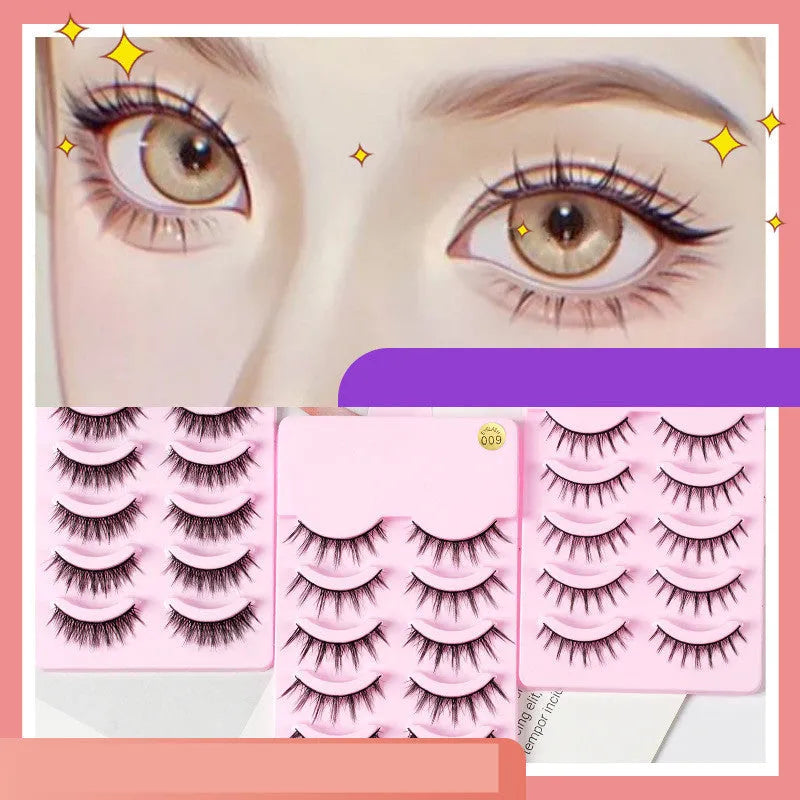 Pack of manga style false eyelashes showing natural wispy designs on plastic black terriers for cosplay and Korean makeup.