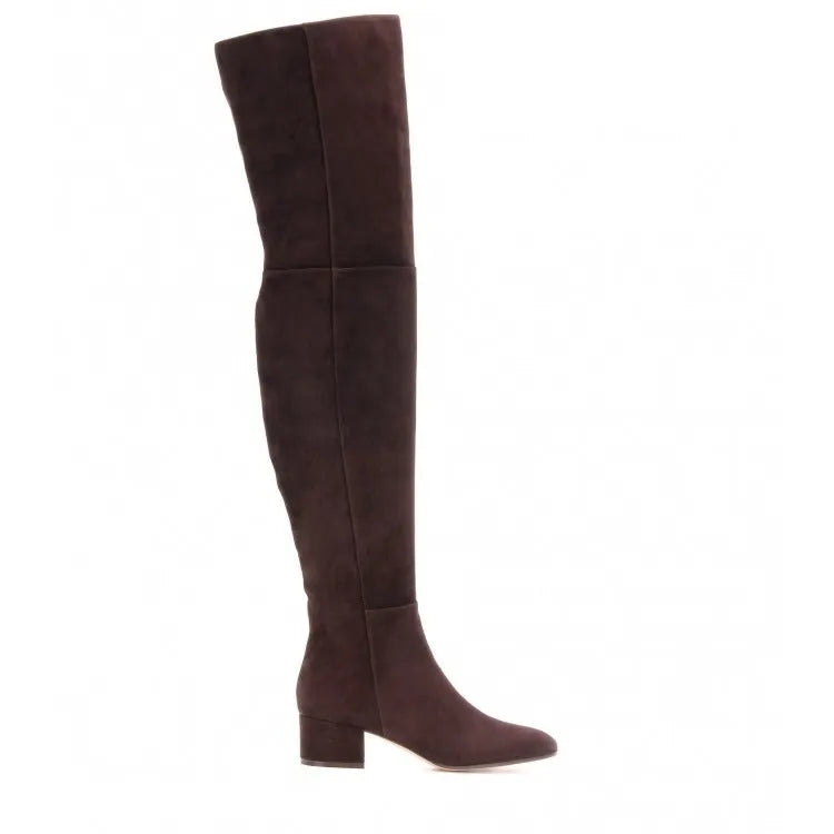 Grey suede women's flat over the knee boots with a pointed toe and thick low rubber sole.