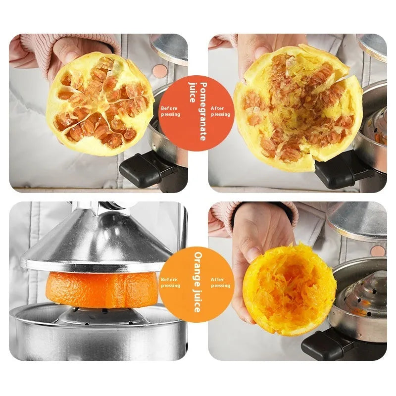 Black and white cast iron manual citrus juicer with stainless steel strainer, 40cm tall