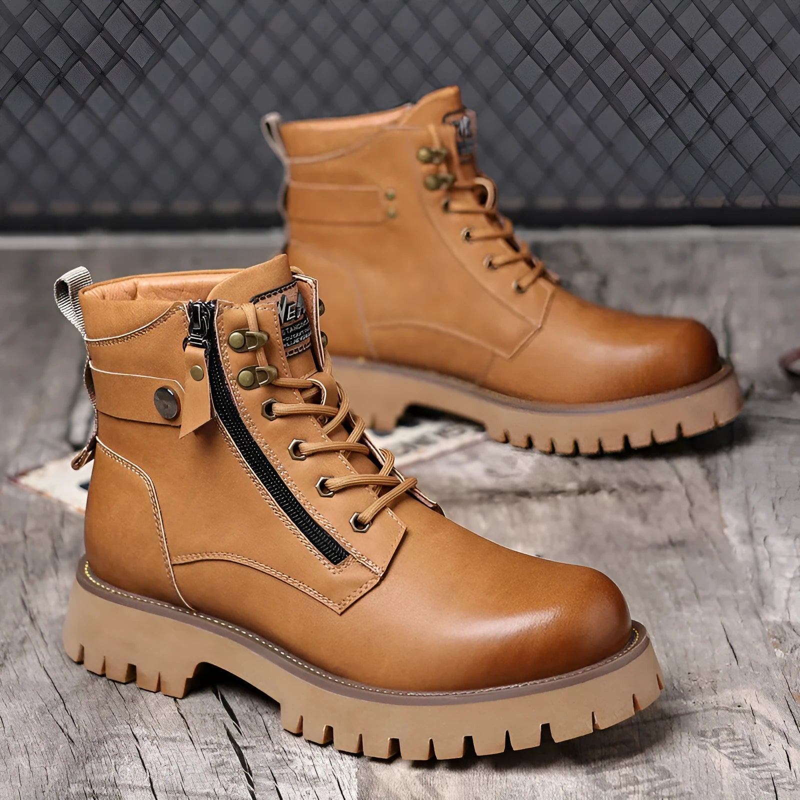 Men's brown leather high-top Martin boots with side zipper and velvet detail on shaft.