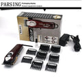 Cordless charging hair clippers with stainless steel cutter head, includes EU UK and US plug adapters