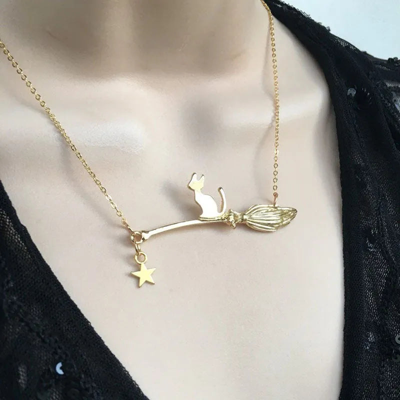 Black cat zodiac pendant necklace in alloy with gold or silver plating options