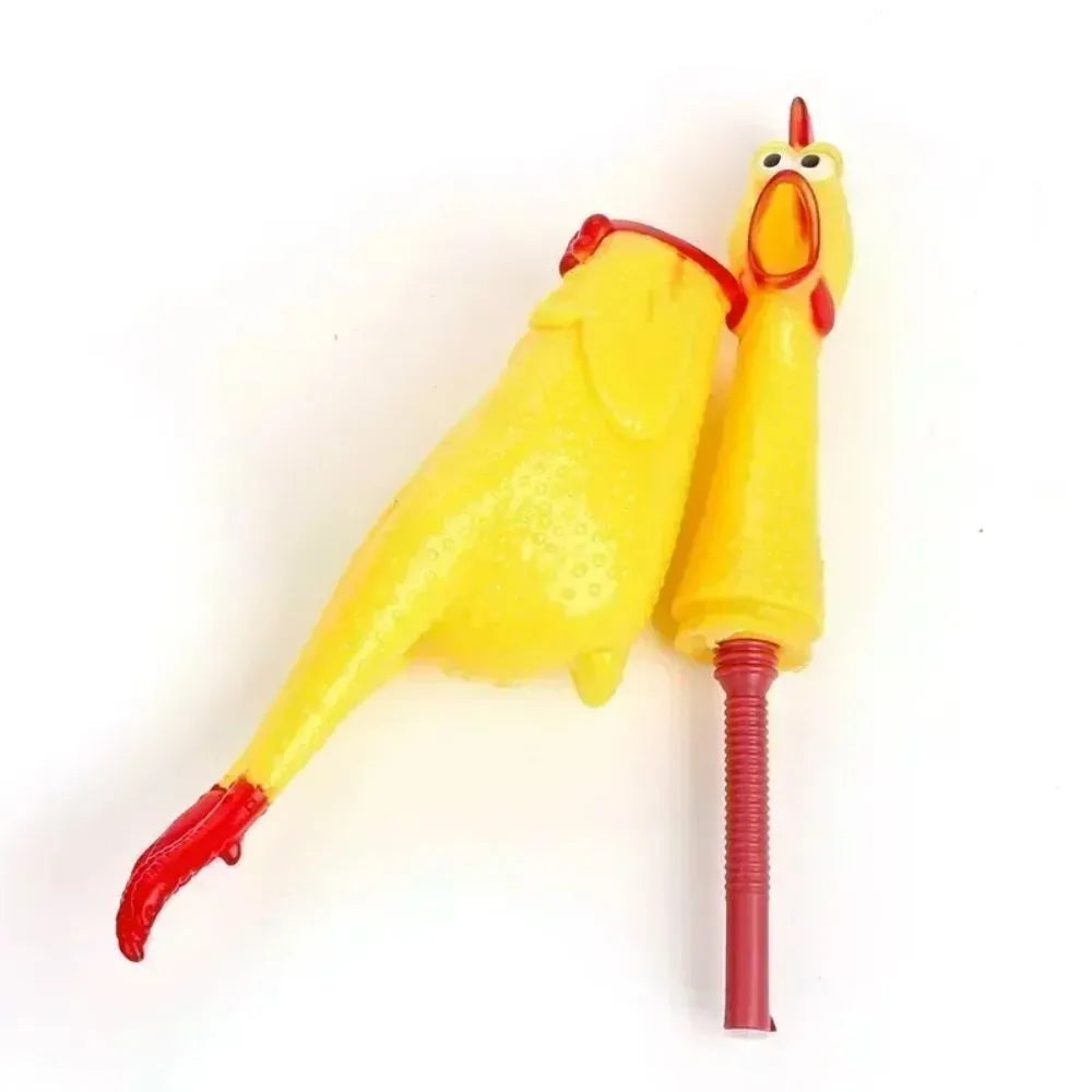 Yellow rubber squeaking chicken dog toy shown in three different sizes for pet play