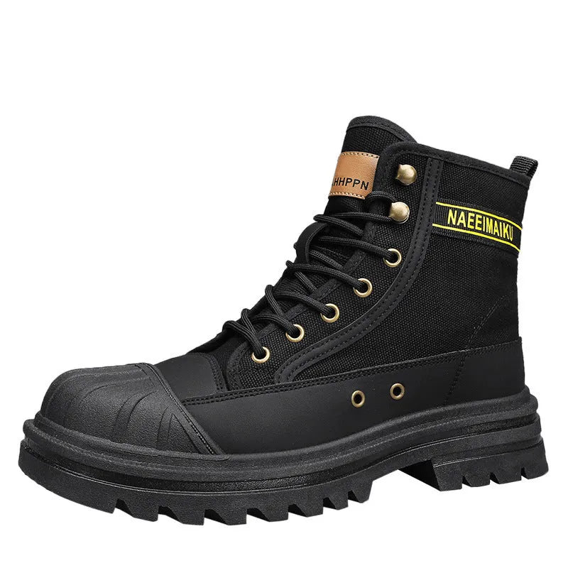 Thick-soled canvas men's motorcycle boots in black, side view showing round toe and front lace-up
