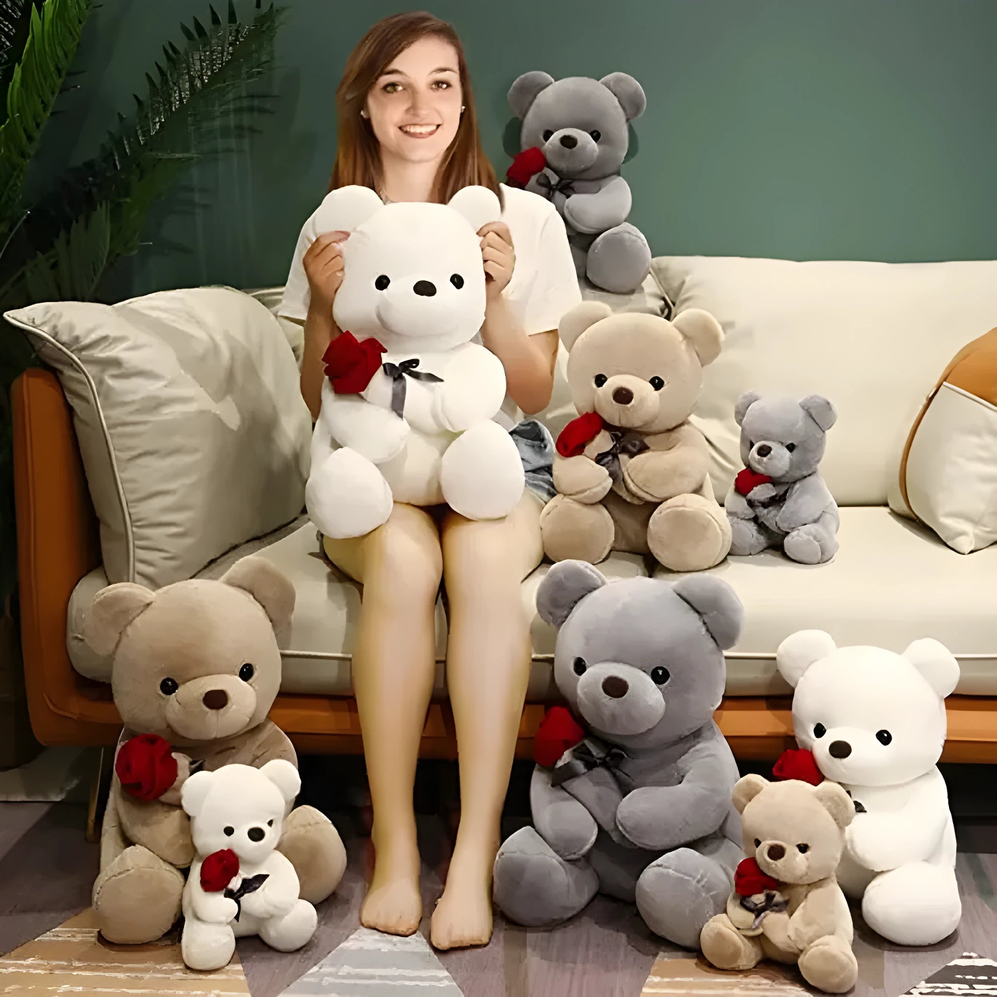 Rose bear teddy plush pillow in brown, beige, or grey with soft PP cotton filling