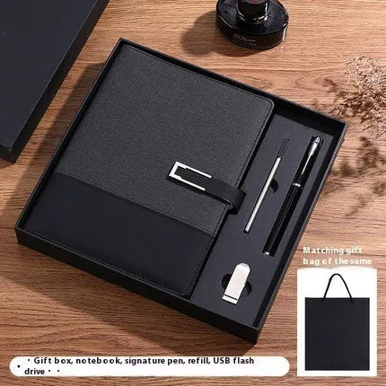 A5 leather notebook in choice of colours with gift box, open to show wood-free paper.