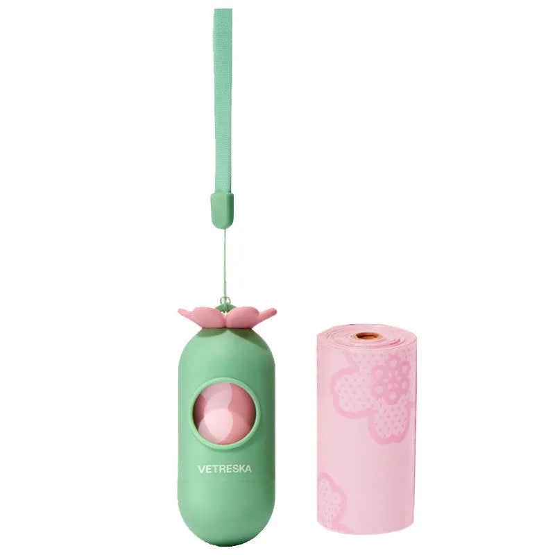 Portable dog poop picking bag capsule with scented inner bags in strawberry, orange and cherry blossom options