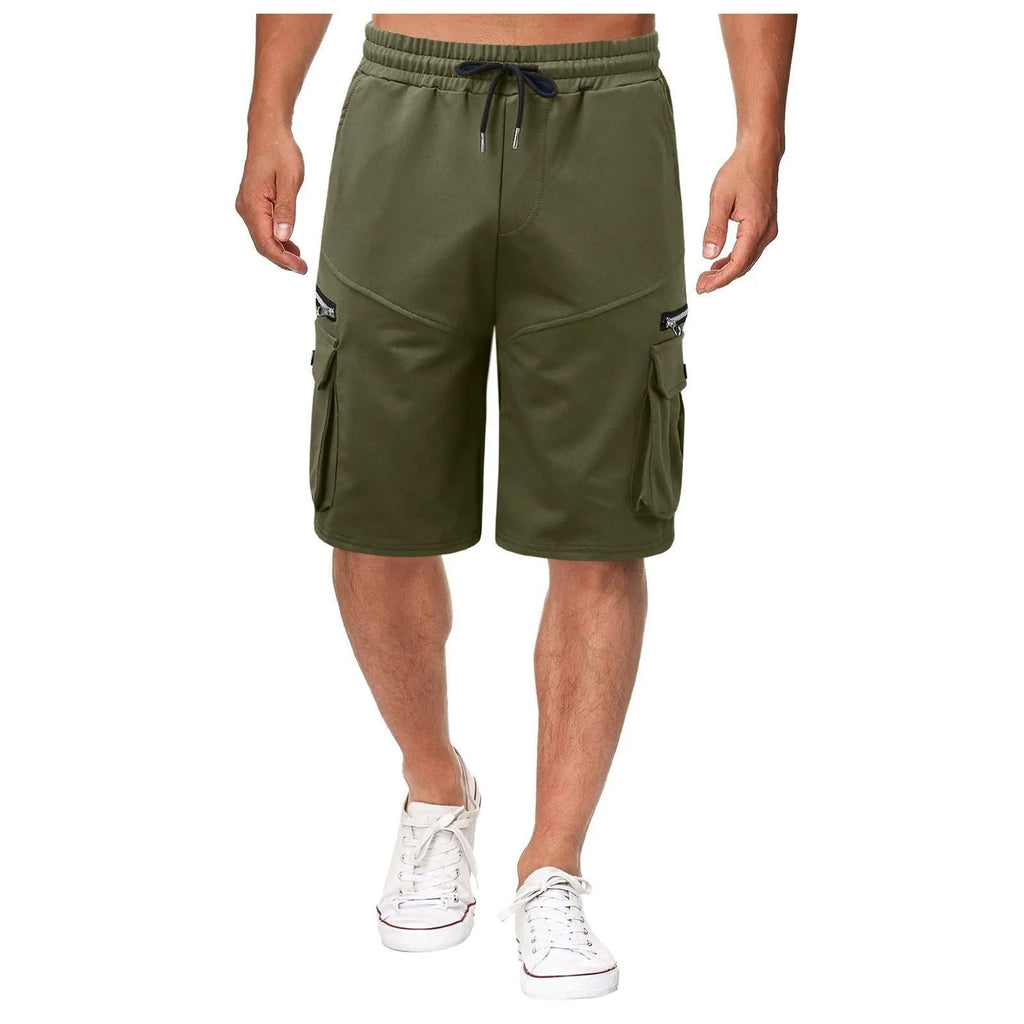 Men's summer double pocket zipper shorts in polyester with cotton lining, mid waist, fifth length, available in eight colours