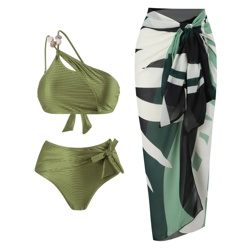 Women's push up bikini with high waisted swimsuit bottoms and a sheer chiffon dress overlay in black, brown, or green.