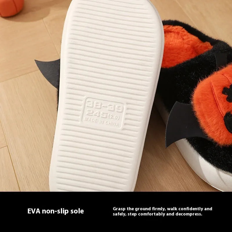 Halloween cartoon pumpkin slippers with small wings, black, non-slip indoor cotton slippers unisex baotou round toe