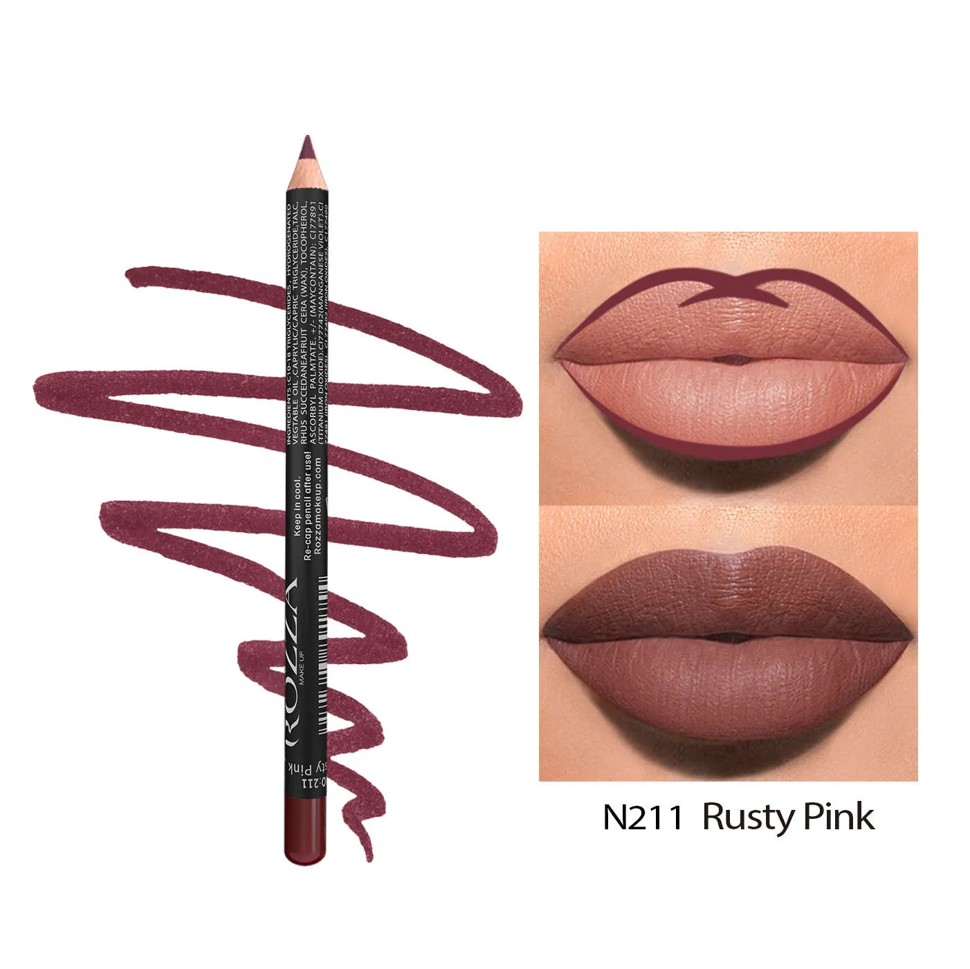 A lip liner pencil in a wooden barrel, shown with a sharp point, alongside swatches of its 14 available colour shades.