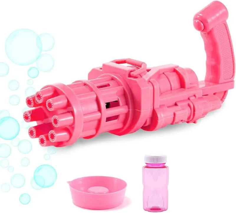 Kids bubble machine gun toy in pink, gold, or black colours with battery compartment and bubble solution