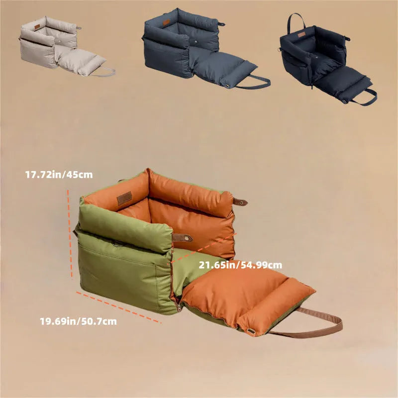 Green waterproof PU leather dog car nest with removable cover, shown on a car seat.