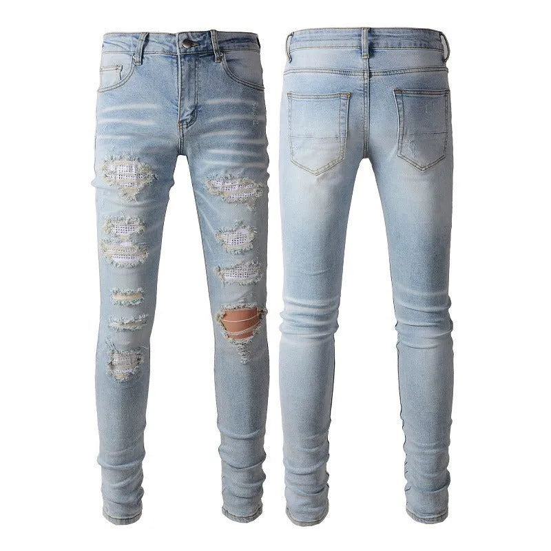 Light blue elastic tight fit jeans for men with patchwork and cat whisker finish