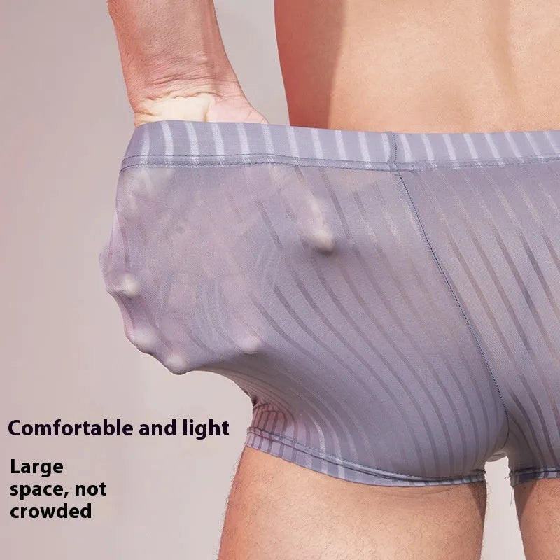 Men's thin striped underwear in black, dark gray, or white colours, showing lightweight nylon fabric.