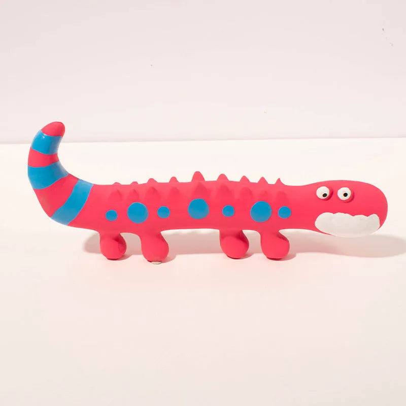 Green cartoon lizard-shaped latex dog squeaky chew toy for aggressive chewers.