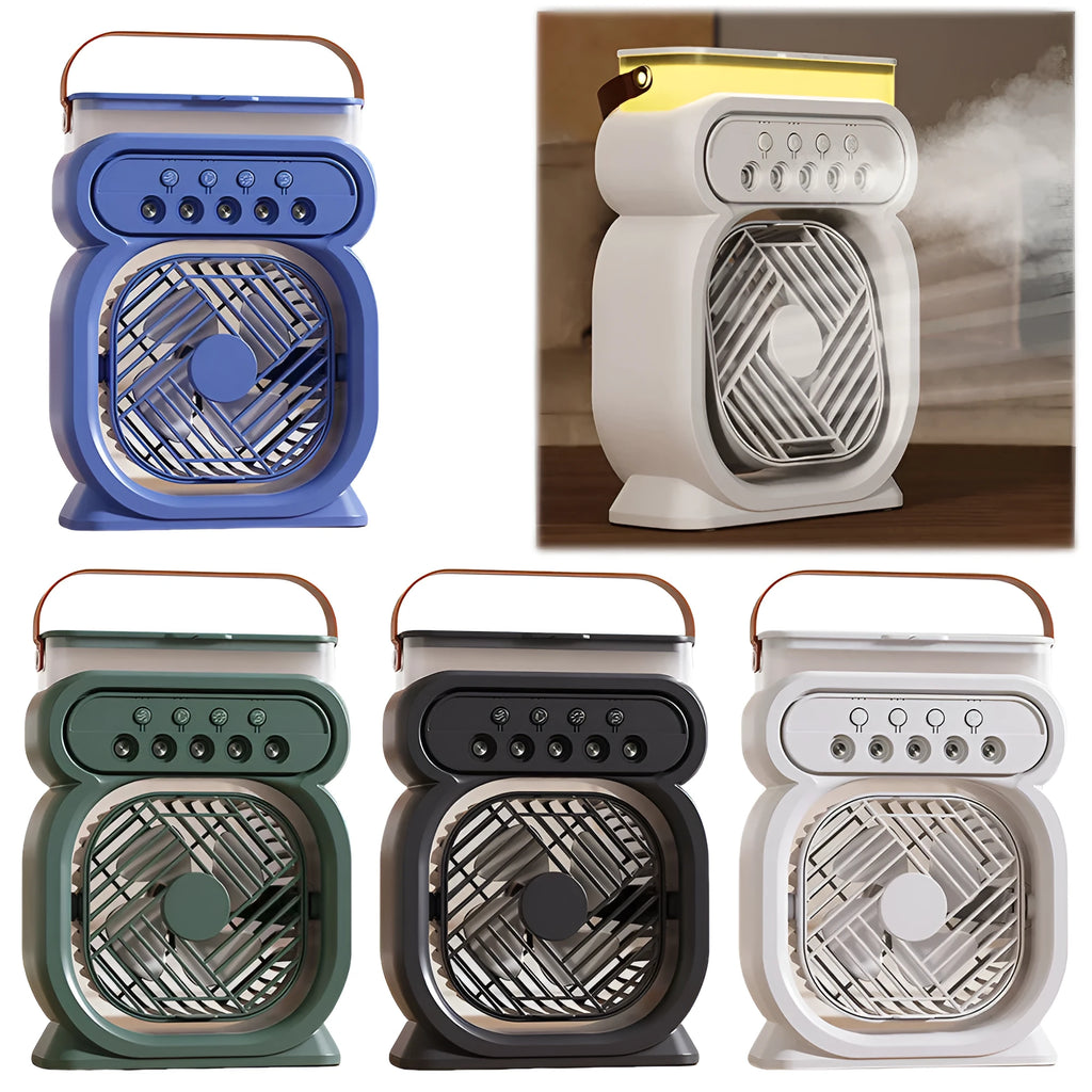 3-in-1 portable evaporative air cooler with 7-colour LED night light, USB-powered fan humidifier in white
