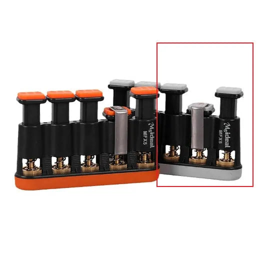 Grey and orange silicone finger strength trainer for musicians and climbers.