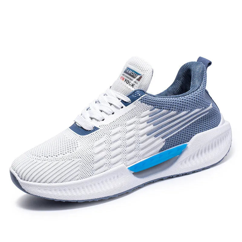 Men's blue casual sports mesh shoes with cloth upper and injection moulded sole in round toe design