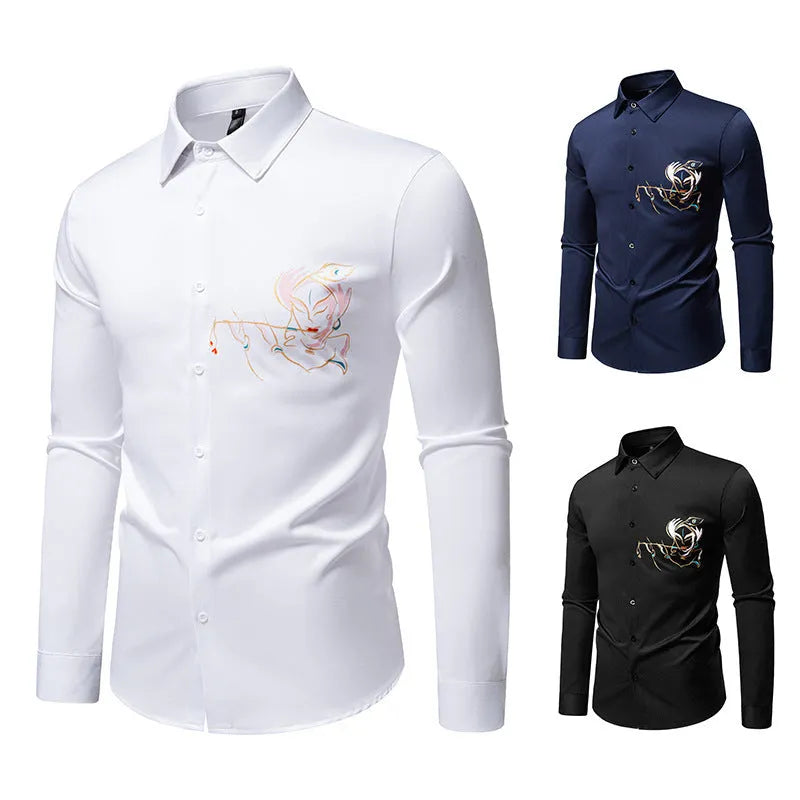 New Men's Long-sleeved Printed Casual Shirt in Polyester with Wool Lining and Slim Fit - Available in White, Black, Navy Blue - S to 2XL for Youth Adults Leisure Wear