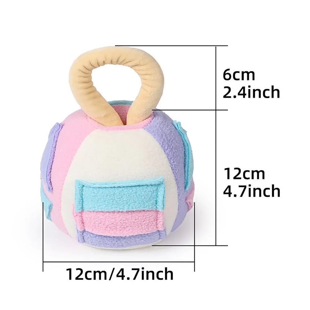 Pink or green polyester squeaky plush ball dog toy with treat pockets for small to medium breeds