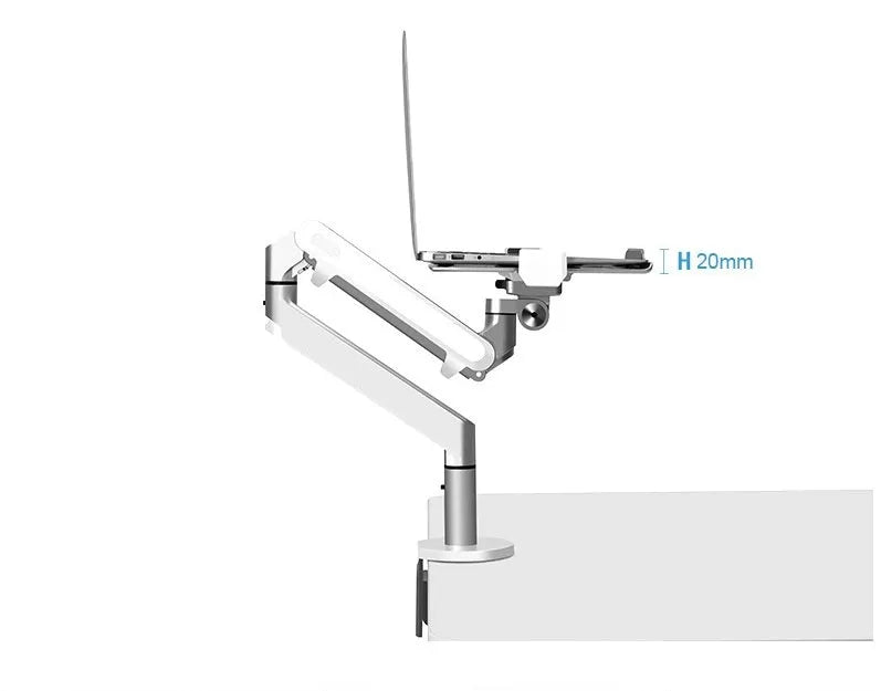 Black aluminium laptop stand with adjustable arm bracket raised above a desk.