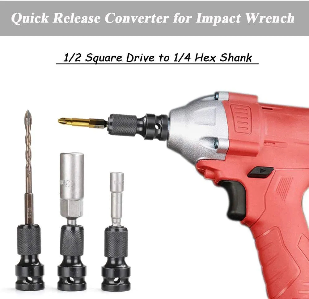 Telescopic scaling bit holder tool with 1/2" to 1/4" function and adjustable sleeve