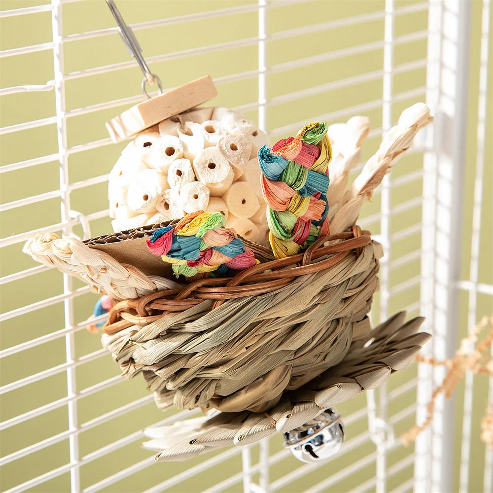 Parrot gnawing molar enrichment toy with three configuration options for beak stimulation