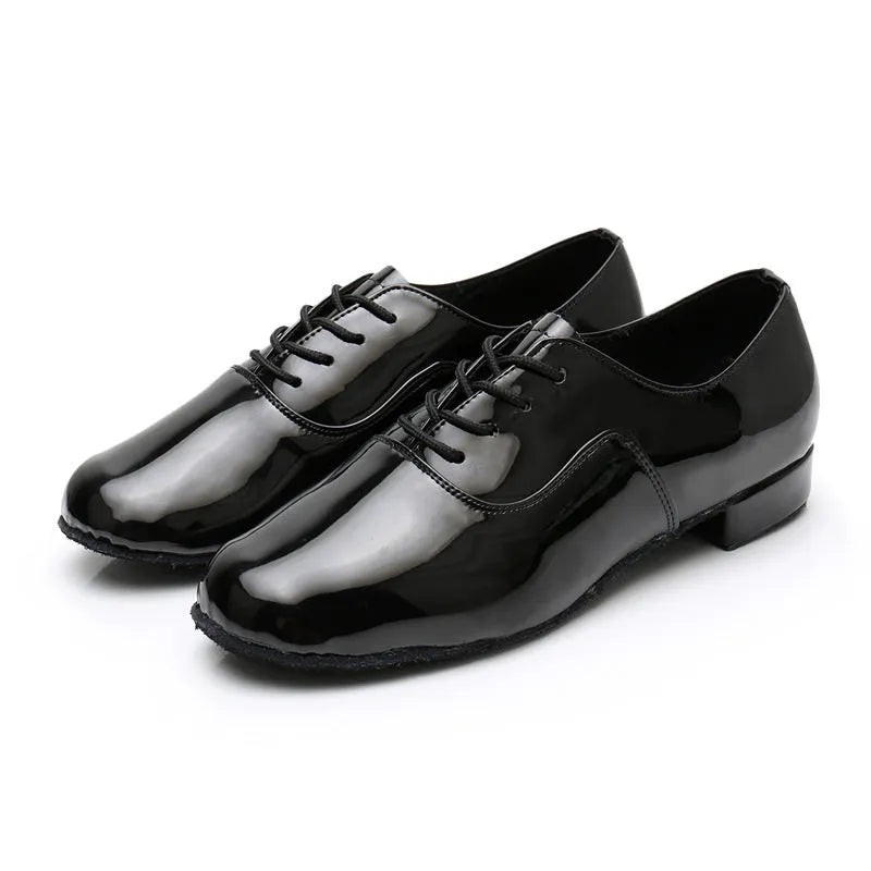 Men's black indoor dance shoes with a synthetic leather upper and calf leather sole.