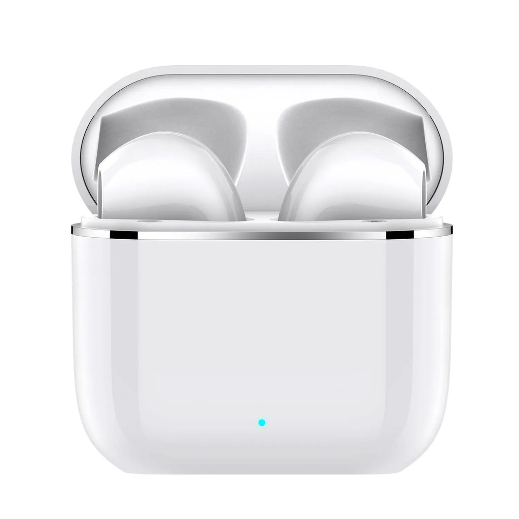 Wireless half in-ear Bluetooth headset in white with plastic build and compact charging case