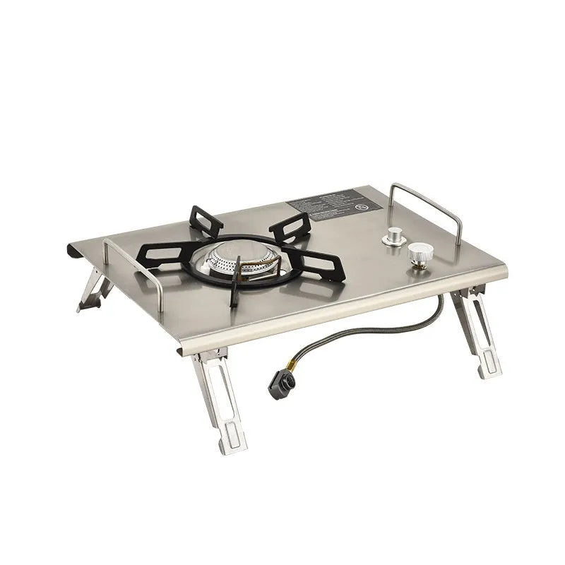 Portable foldable camping gas stove with ignition, isobutane mixture fuel, shown with beige or black IGT furnace belt bag
