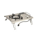 Portable foldable camping gas stove with ignition, isobutane mixture fuel, shown with beige or black IGT furnace belt bag