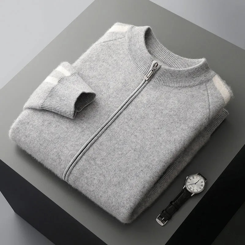 Thickened pure wool half turtleneck cardigan in light gray with button front and long sleeves