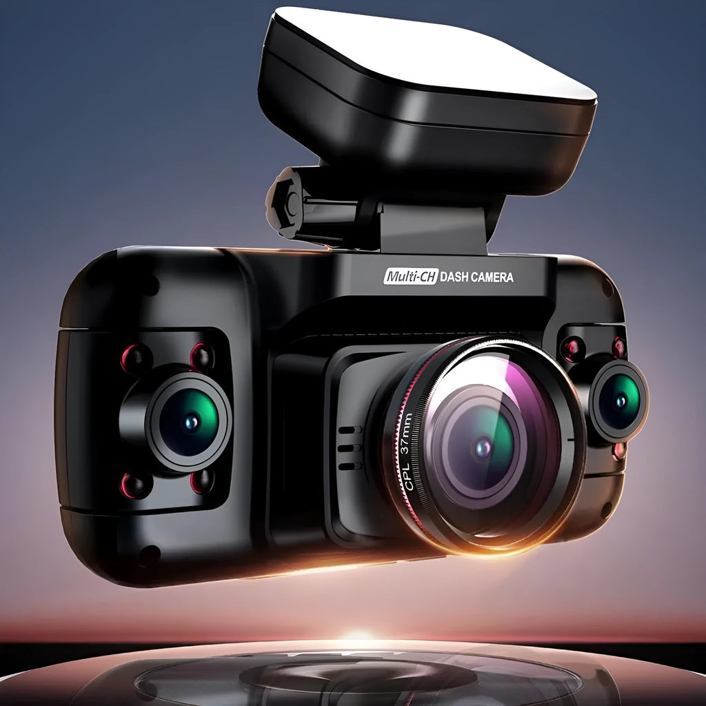 Multi-lens car dash cam with plastic housing, showing a 2-inch screen and button controls.