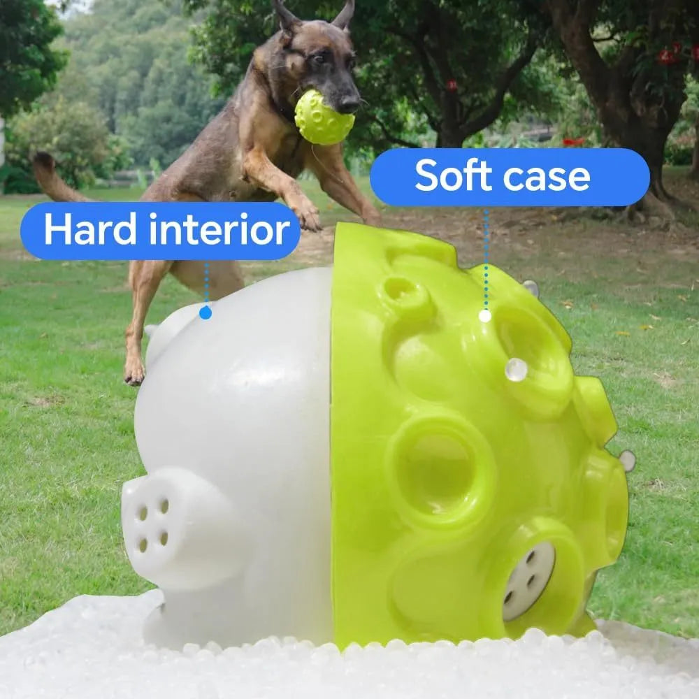 Durable elastic rubber dog toy ball in assorted colours with a textured surface for teeth cleaning.