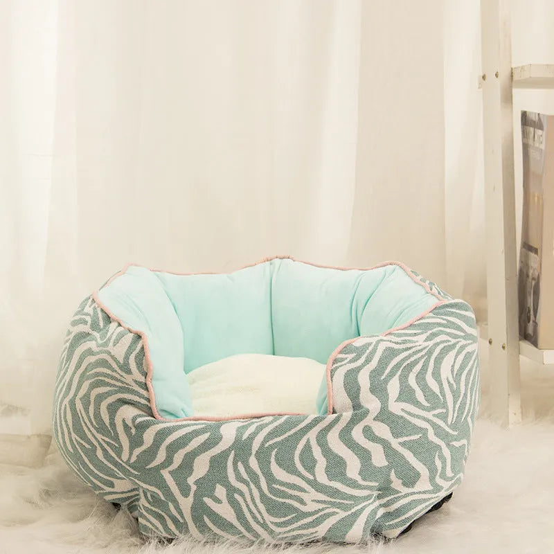 Blue octagonal pet bed with removable mat for cats and small dogs