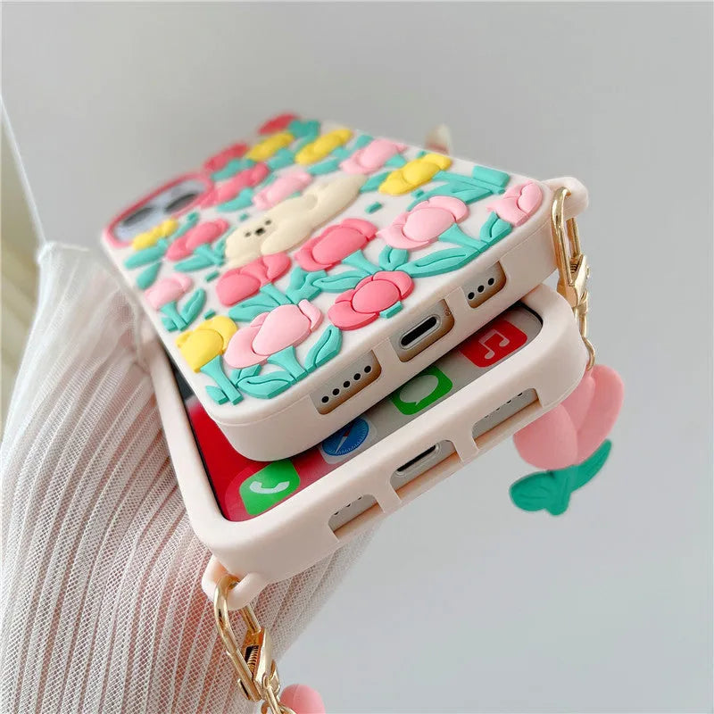 Creative cartoon bear tulip flowers pink silicone phone case with pendant for Apple iPhone