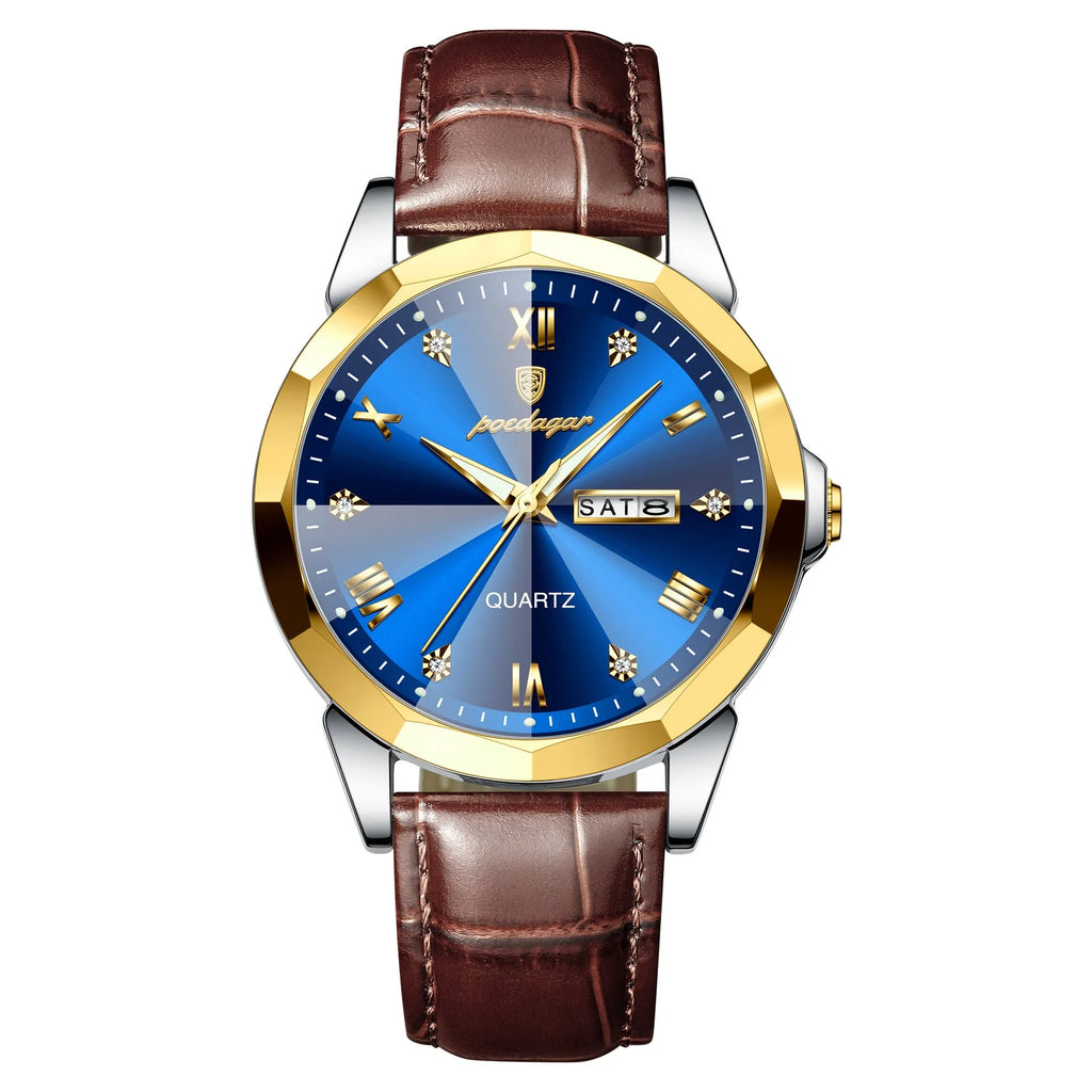 Men's belt style luminous quartz watch with genuine leather strap and round alloy case on display
