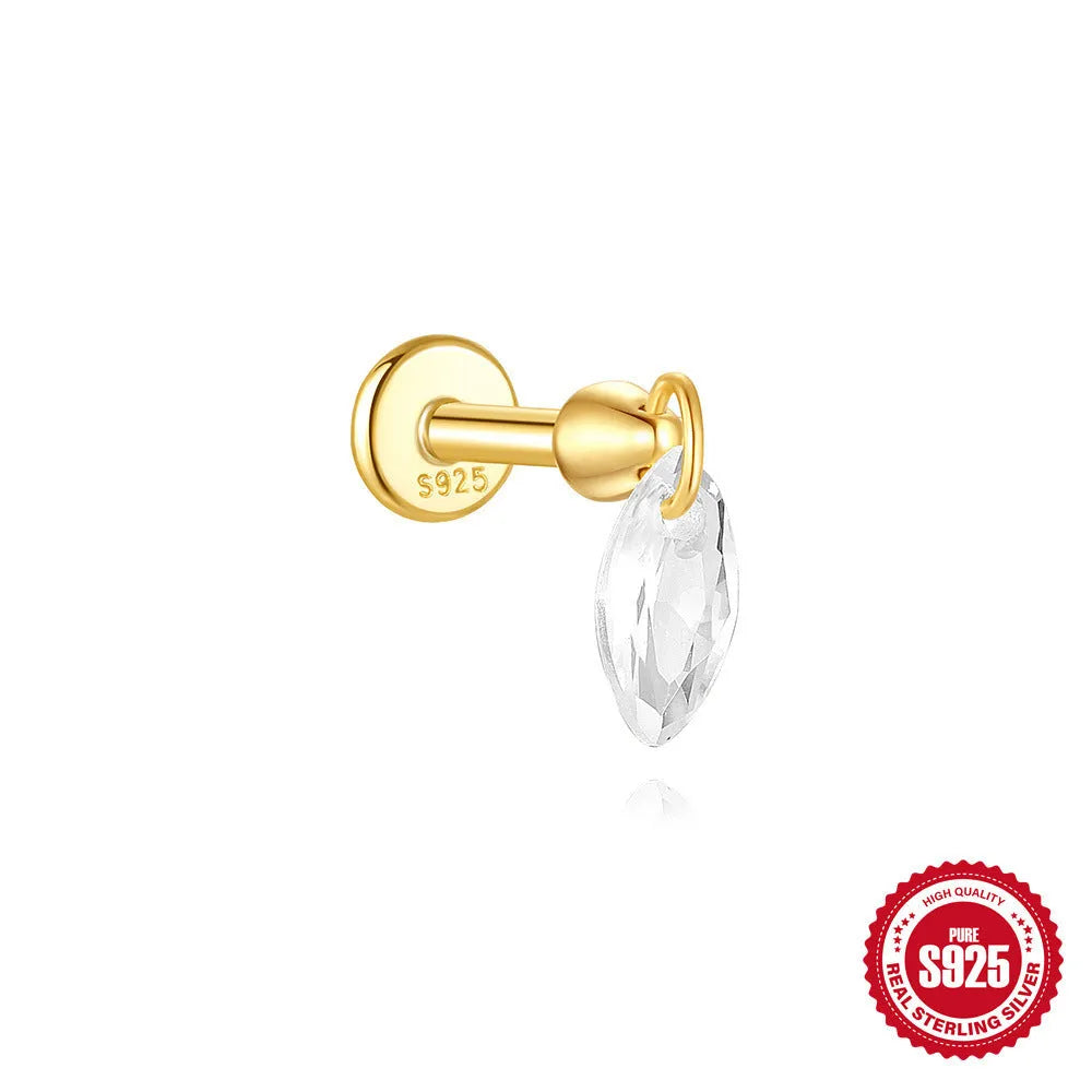 S925 sterling silver geometric kite-shaped earrings with sparkling rhinestone chain tassels in a gold colour.