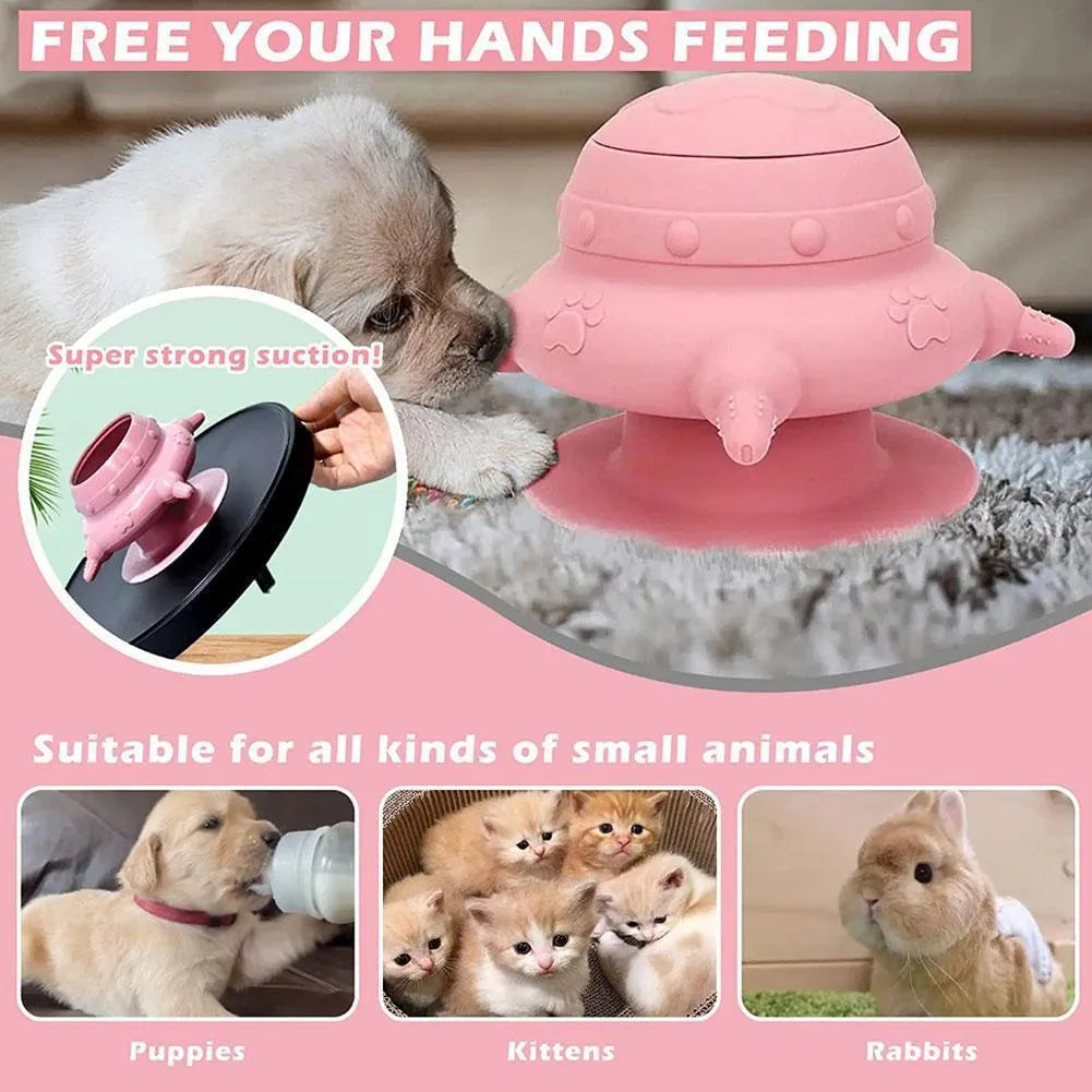 Pink silicone pet nursing bottle with milk bowl and pacifier for puppies and kittens
