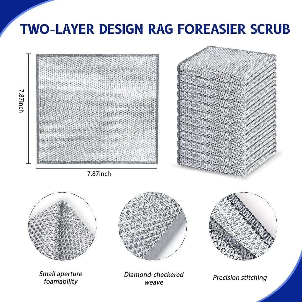 Silver wire and microfiber scouring pad cloth for cleaning pots and bowls on a kitchen counter.
