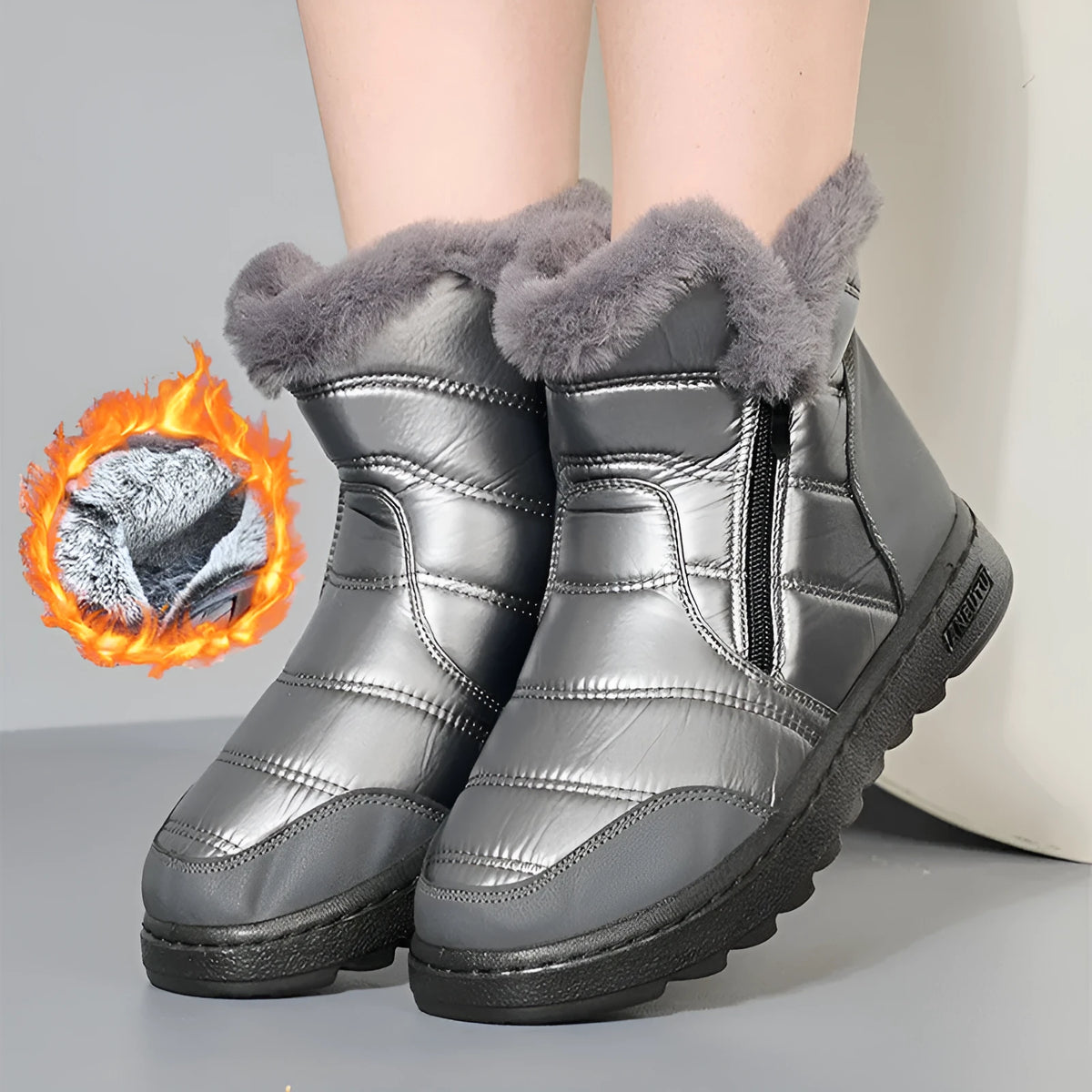 Winter high top snow boots with side zipper, fur upper, plush lining, and polyurethane sole in black