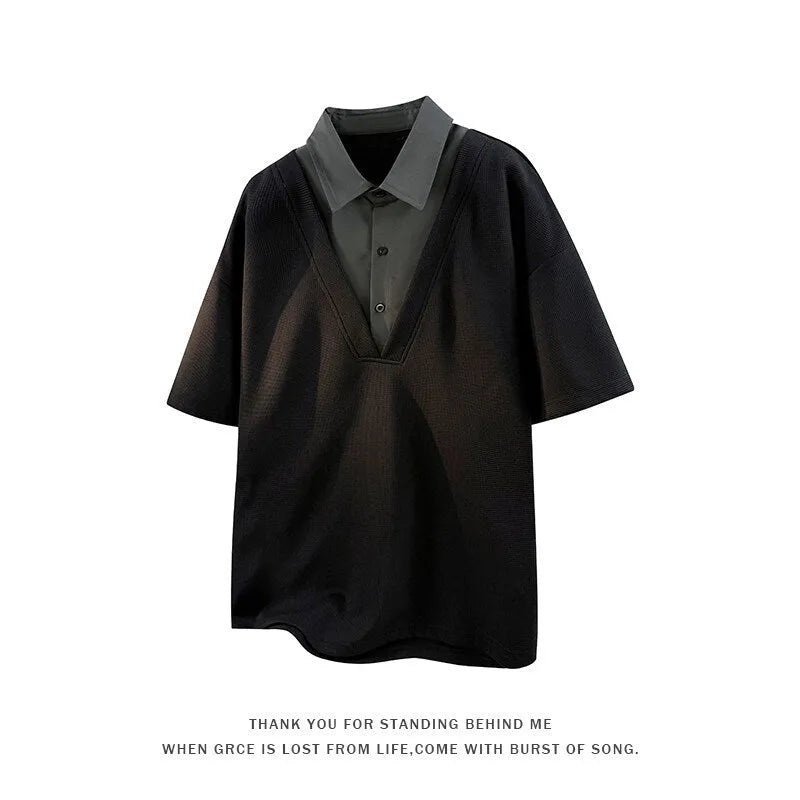 Men's black short sleeve polo sweater with a structured padded Henry collar, made from thin Spandex fabric.