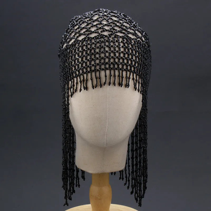 Handmade alloy belly dance hat with decorative mesh and long tassels