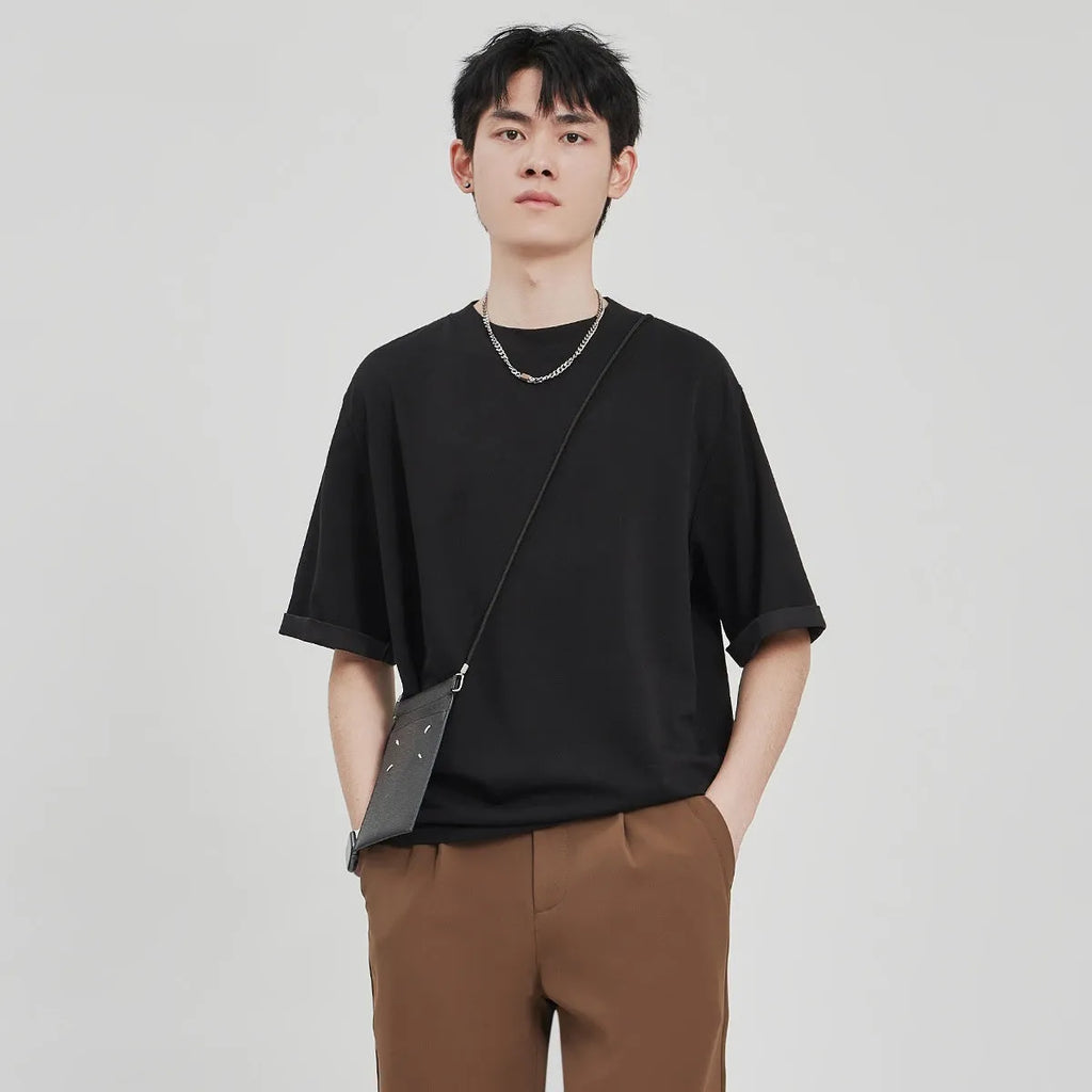 Men's drape knit T-shirt loose casual short sleeve solid colour polyester blend black