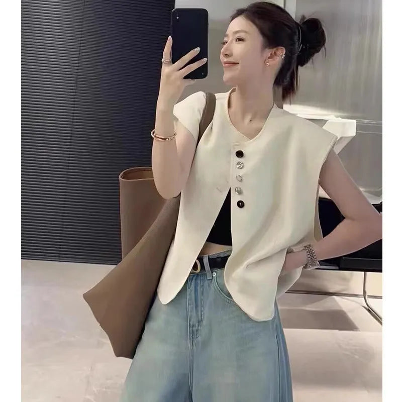 Women's loose sleeveless vest in solid colour with pockets, 40cm length