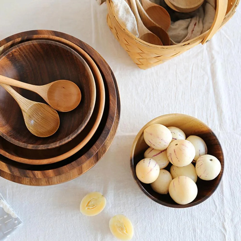 Brown handmade wooden bowl with natural wood grain and overglaze finish