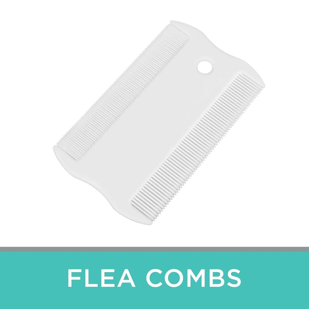 Double-sided dense tooth plastic flea comb for pets, shown with dimensions of 0.85 by 5 centimetres.