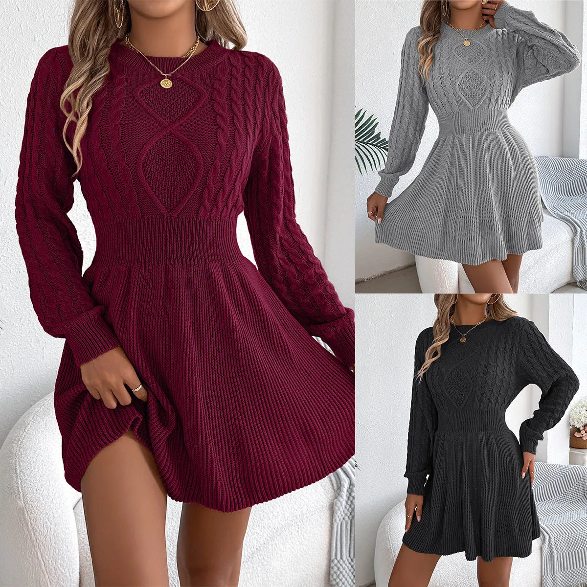 A solid colour long sleeve sweater dress with lantern sleeves and an elastic waist, shown in black.